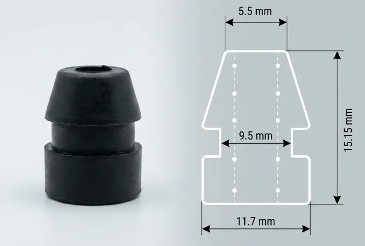 Black rubber stopper next to a technical diagram showing its dimensions: total height 15.15 mm, bottom width 11.7 mm, inner width 9.5 mm, top width 5.5 mm.