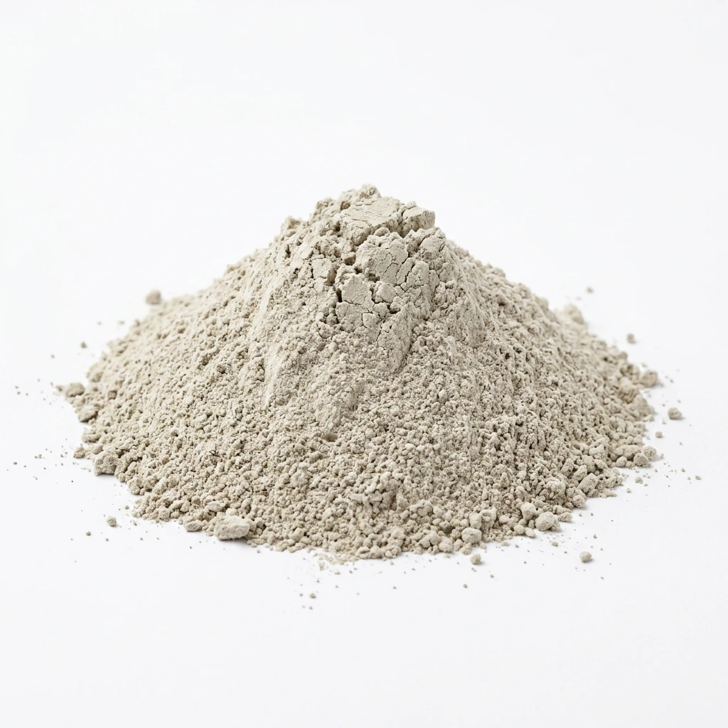 Pile of light gray powder on a white background with a small spread around the base.