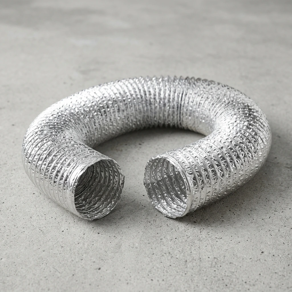 Flexible aluminum duct hose coiled on a concrete floor, ends open and ready for ventilation use
