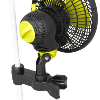 Garden HighPro 20W Standard Oscillating Clip Fan Back View and Clipped on Pole