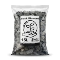 Bag of Black Diamond Chunky Biochar, 15L, featuring a plant illustration held by a hand logo on the label.