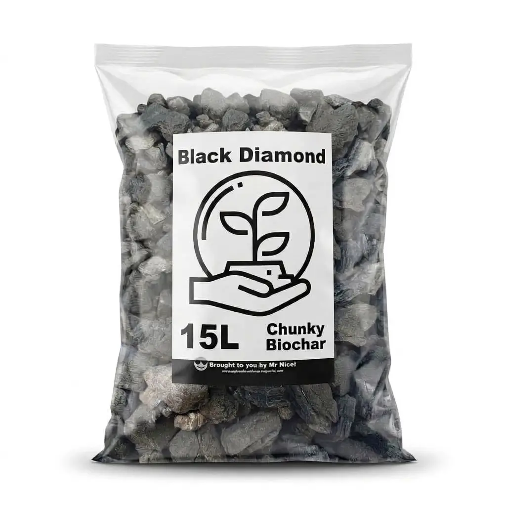 Bag of Black Diamond Chunky Biochar, 15L, featuring a plant illustration held by a hand logo on the label.