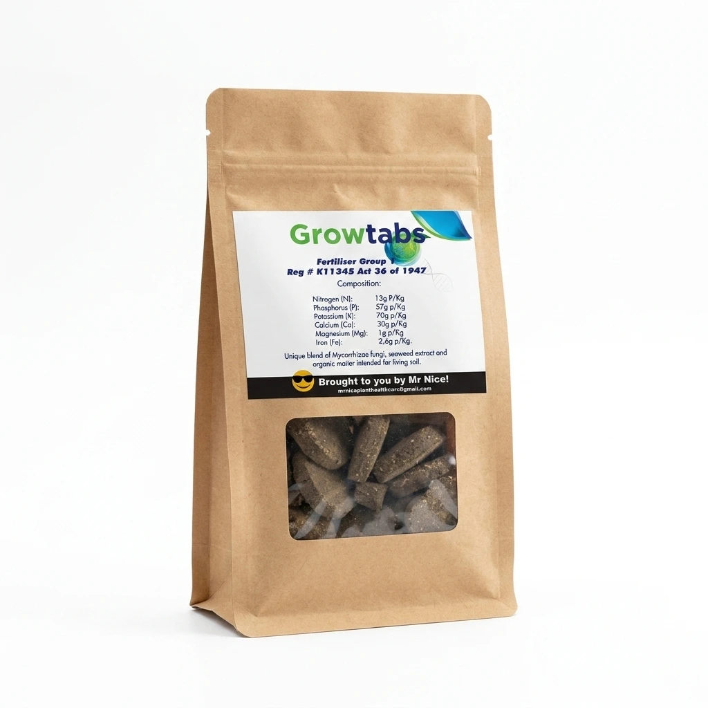 Brown kraft bag labeled Growtabs fertilizer with a small window showing dark granular tablets inside.